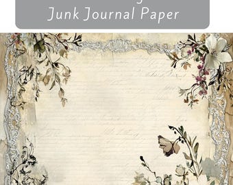 Vintage Flower Junk Journal Paper, Mixed Media Art Papers, Printable Journal Paper, Paper Craft, Digital Collage Sheets, Scrapbooking Paper