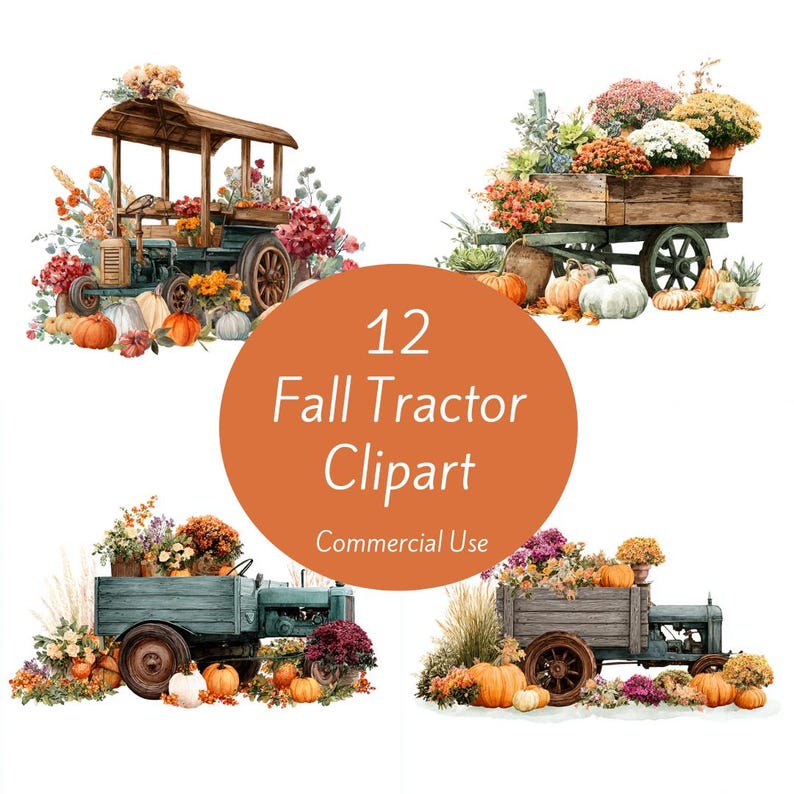 Fall Tractor Clipart, Autumn Harvest, Printable Watercolor Clipart ...