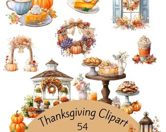 54 Herfst Thanksgiving Clipart, Herfstoogst, Printbare Aquarel Clipart, Thanksgiving Afbeeldingen, Digitale Download, Papierknutselwerk