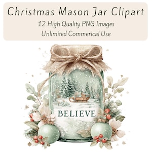 Christmas Mason Jar Clipart, Mason Jar Candle Clipart, Christmas Graphics, Winter Clipart, Sublimation, Holiday Greeting Card, Gift Tags