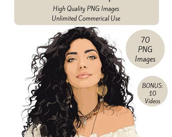 May include: Digital art titled "Glam Girl Clipart" featuring a woman with long, dark, curly hair, wearing a white off-the-shoulder top and jewelry. The image includes text indicating high-quality PNG images and unlimited commercial use, with 70 PNG images and 10 bonus videos.