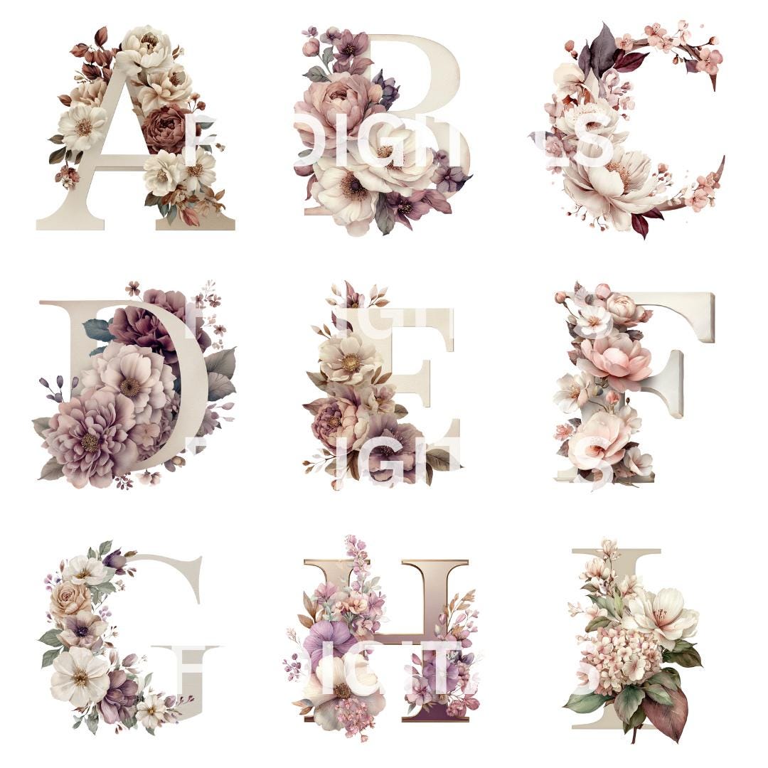 Floral Alphabet Clipart, Watercolor Letters Clipart, Floral Letter ...