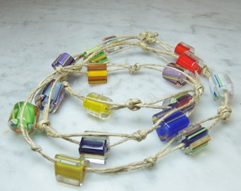 Hemp, Necklace, Long Necklaces, Necklace/Bracelet in One, Cane Glass, Furnace Glass, Adjustable, Colorful, Glass, Hemp Jewelry, Organic