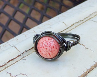 Coral Ring, Custom Rings, PRETTY, Peach, Rustic Glam, Tropical, Beachy, Pink Coral, Melon or Salmon Color, Hematite Gray Wire, Pick A Size