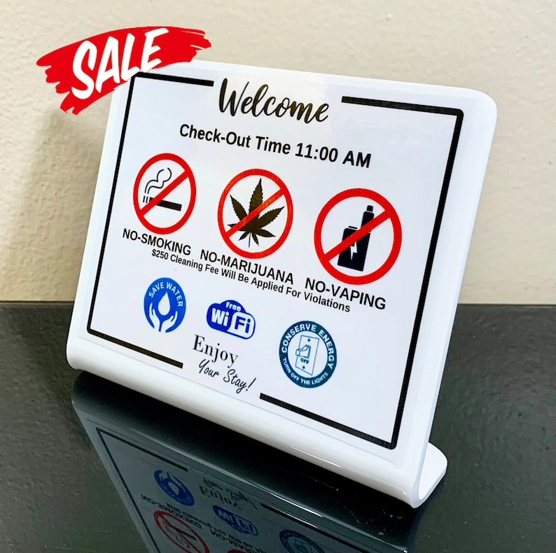 Cartel de bienvenida de Airbnb: No fumar, gráficos sobre conservación, hora de salida. imagen 1