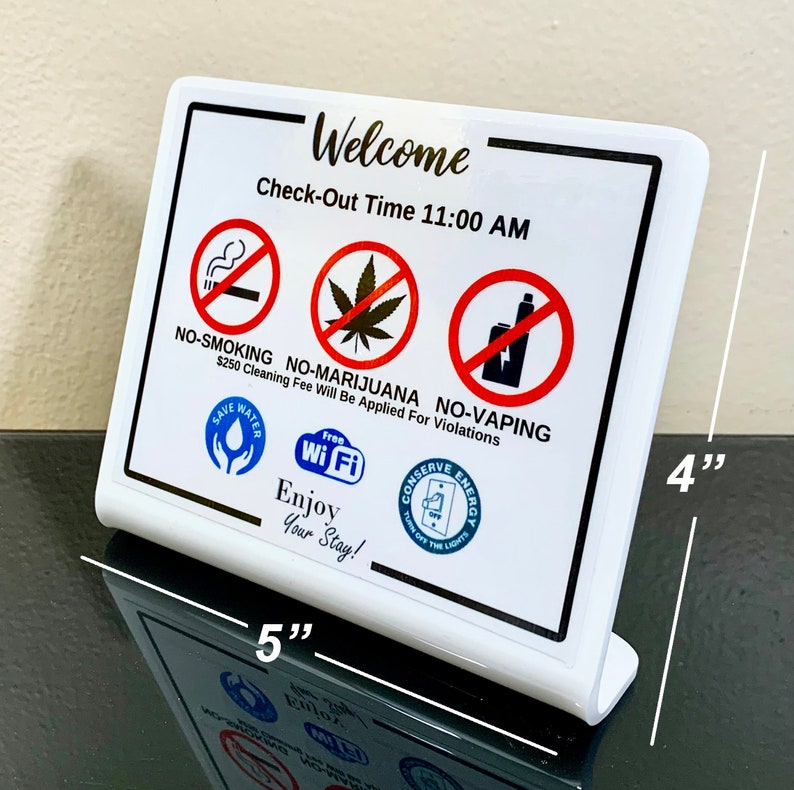 Cartel de bienvenida de Airbnb: No fumar, gráficos sobre conservación, hora de salida. imagen 2