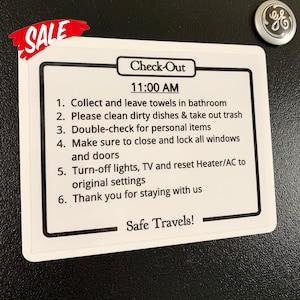 Instrukcje dotyczące wymeldowania na magnesie na lodówkę - 5" x 4" - dla Airbnb, krótkoterminowego wynajmu, noclegów ze śniadaniem, hoteli butikowych