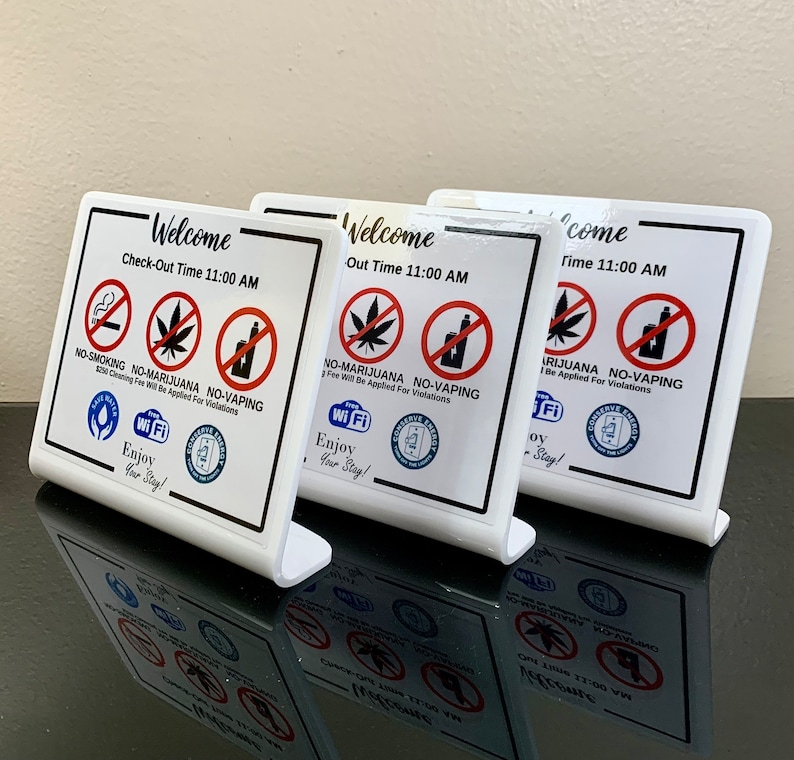 Cartel de bienvenida de Airbnb: No fumar, gráficos sobre conservación, hora de salida. imagen 3