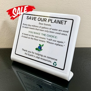 Save Our Planet-bord voor waterbehoud voor hotels. Airbnb, bed & breakfast en kortetermijnverhuur
