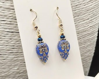 Blue Owl Glass Earrings: Dainty Cornflower Gold Detail, Hypoallergenic Boho Jewellery, Lightweight Bohiemian Statement