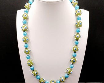 Green Teal Glass Bead Statement Necklace: Sputnik Lampwork Cube Beads, Silver Accents, Adjustable, Boho