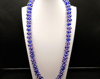 Blue Large Chunky Lampwork Glass Bead Necklace: Royal Cobalt and Dusky Pink, Statement Jewellery