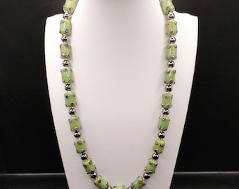 Olive Green Spotty Necklace: Grey Gunmetal Beads, Silver Plated, Bohiemian, Statement