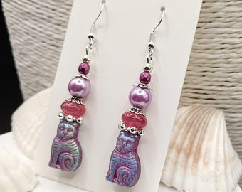 Purple Pink Iridescent Cat Earrings: Czech Glass, Lavender Imitation Faux Pearls, Silver Plated Hooks