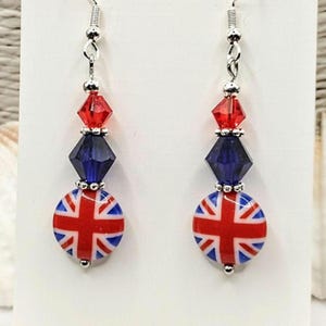 Union Jack Long Glass Crystal Earrings Red White Blue Silver England British Patriotic English Flag Beaded Hypoallergenic Ear Hooks VE Day