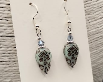 Owl Blue Silver Bronze Glass Earrings: Blue Crystal, Sterling Plated Hooks, Boho Jewellery
