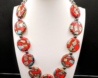 Red Glazed Coin Disc Necklace: Chunky Lampwork Glass Statement Beads, Adjustable Chain