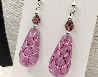 Cerise Dragon Scale Earrings: Czech Purplish Glass Teardrop Beads, Silver Plated Hooks, Boho Jewellery