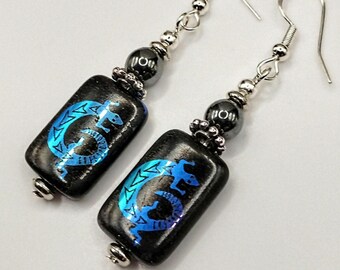Dichroic Lizard Earrings: Blue Laser Tattoo Czech Glass Beads, Hematite, Sterling Silver Plated Hooks