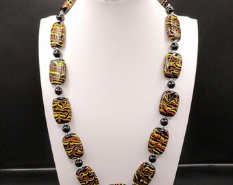 Black Red Yellow Statement Necklace: Chunky Glass Swirl Rectangle Beads, Boho, Adjustable