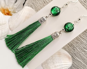 Emerald Green Tassel Earrings: Murano Glass Lampwork Beads, Sterling Silver Plated, Bohemian Boho Jewellery