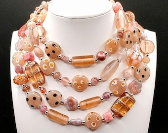 Pink Peach Coral Glass Beaded Necklace: Single Strand Extra Long, Flapper Style, Bohiemian Chunky