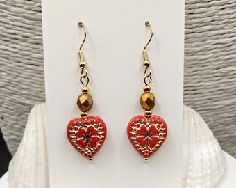 Red Gold Heart Earrings: Czech Glass Beaded, Bohiemian Long Dangle Drop, Hypoallergenic Ear Wires