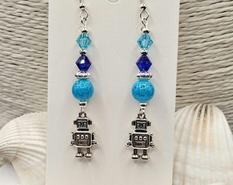 Robot Dangle Earrings: Blue Silver Turquoise Glass Beads, Hypoallergenic, Long Drop, Bohiemian Modern