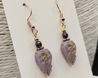 Purple Lilac Owl Earrings: Dainty Lavender and Gold Glass Beads, Hypoallergenic Ear Wires, Boho