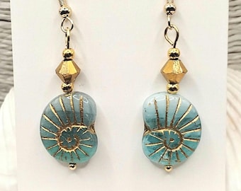 Teal Blue Shell Earrings: Czech Glass Ammonite Fossil, Crystal, Hypoallergenic, Boho Sea Beach Nautical