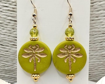Lime Green Dragonfly Glass Earrings: Bohemian, Beaded Disc, Demoiselles, Gold, Statement