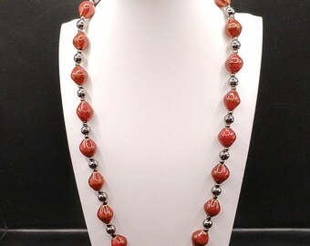 Burgundy Red Ceramic Beaded Necklace: Gunmetal Spacers, Silver Heart Toggle Clasp, Long Bohiemian