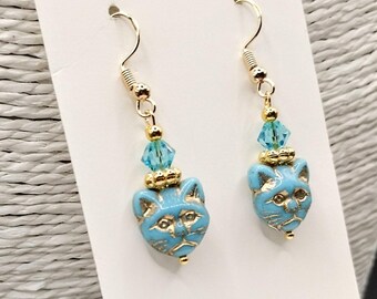 Cat Gold Blue Earrings: Turquoise Teal Gold Glass Beads, Hypoallergenic Ear Wires, Bohemian Jewellery