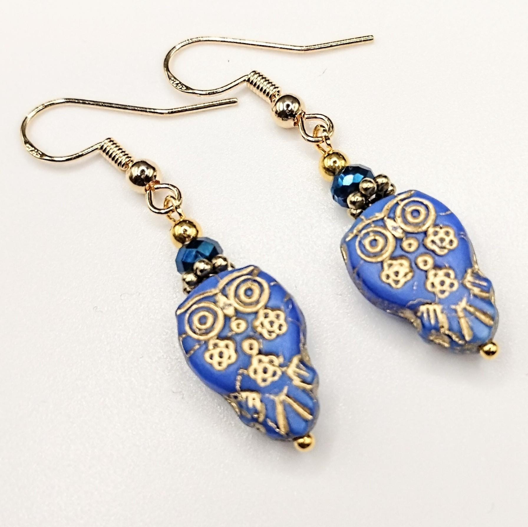 Owl Earrings: Cornflower Blue, Dainty Royal Cobalt Blue Gold Glass Beads, Hypoallergenic Ear Wires, 