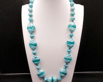 Teal Glass Beaded Necklace: Oval Ceramic Coated beads, Wavy Nautical Boho, Statement Chunky