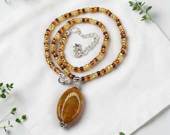 Yellow Dragon Vien Agate Necklace: Czech Glass Seed Beads, Adjustable Length, Stackable, Dainty
