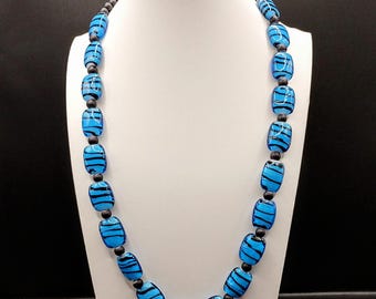 Blue and Black Lampwork Glass Bead Necklace: Rectangular Beads, Adjustable Length, Statement, Chunky, Stripe