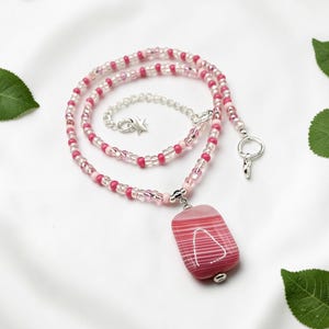 Pink White Necklace: Agate Gemstone, Czech Glass Seed Bead, Adjustable Length, Stackable, Dainty