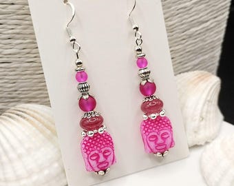 Buddha Czech Glass Earrings: Bright Hot Fucshia Pink, Bohemian Spiritual Jewellery, Sterling Silver Plated