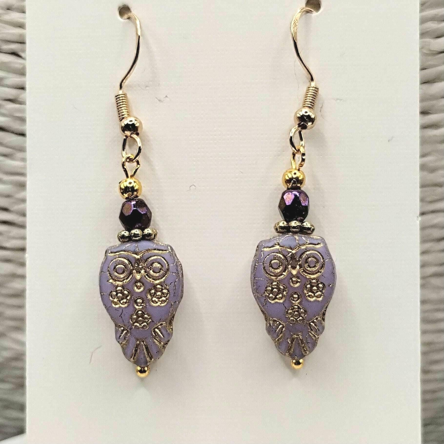 Owl Earrings: Lilac Lavender Gold Glass Beads, Hypoallergenic Hooks, Bohiemian Dangle Drop Birds, He