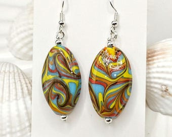 Teal Blue Marbled Glass Earrings: Bohiemian Retro Ceramic Glazed Swirls of Red Yellow, Hypoallergenic