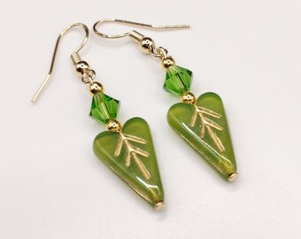 Green Leaf Heart Earrings: Milky Opaline Lime Beads, Gold Accents, Chartreuse Peridot, Hypoallergenic Jewellery