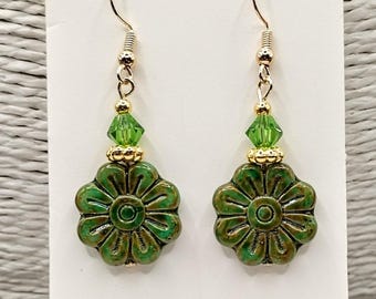 Green Flower Earrings: Mottled Olive Chartreuse Large Daisy Czech Beads, Crystal Bicones, Boho Jewellery