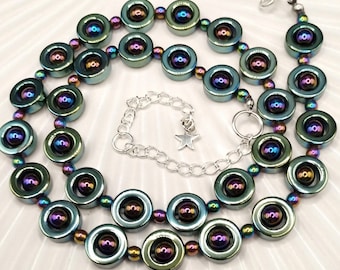 Collar de hematita verde grisácea galvanizada: cuentas en forma de donut, longitud ajustable, estilo steampunk, gótico, moderno.