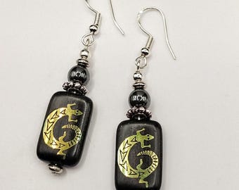 Laser Etched Gecko Earrings: Dichroic Czech Glass, Hematite Beads, 925 Silver Plated Ear Wires