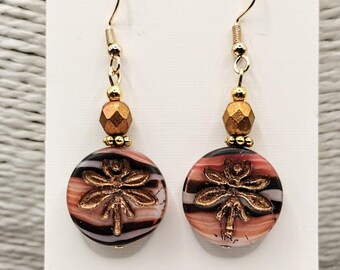 Brown Gold Dragonfly Glass Earrings: Bohemian Dangle Drop, Autumn Striped, Mismatched