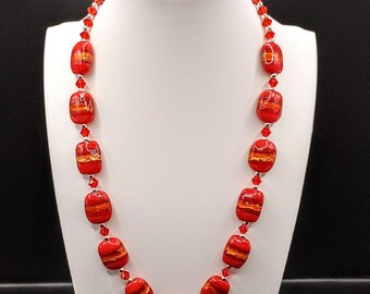 Red Glass Necklace: Striped Lampwork Rectangular Beads, Crystal Bicones, Bohemian Statement, Adjustable