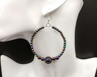 Pendientes de aro grandes de hematita: Cuentas multicolores de color gris plomo, ganchos de plata 925, hipoalergénicos, ligeros.