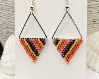 Orange Green Purple Earrings: Glass Miyuki Seed Beads, Triangle Retro Geometric Dangle Hoops, Striped