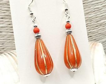Reddish Orange Long Teardrop Earrings: Pumpkin, Sterling Silver Plated Wires, Bohiemian Drop Jewellery